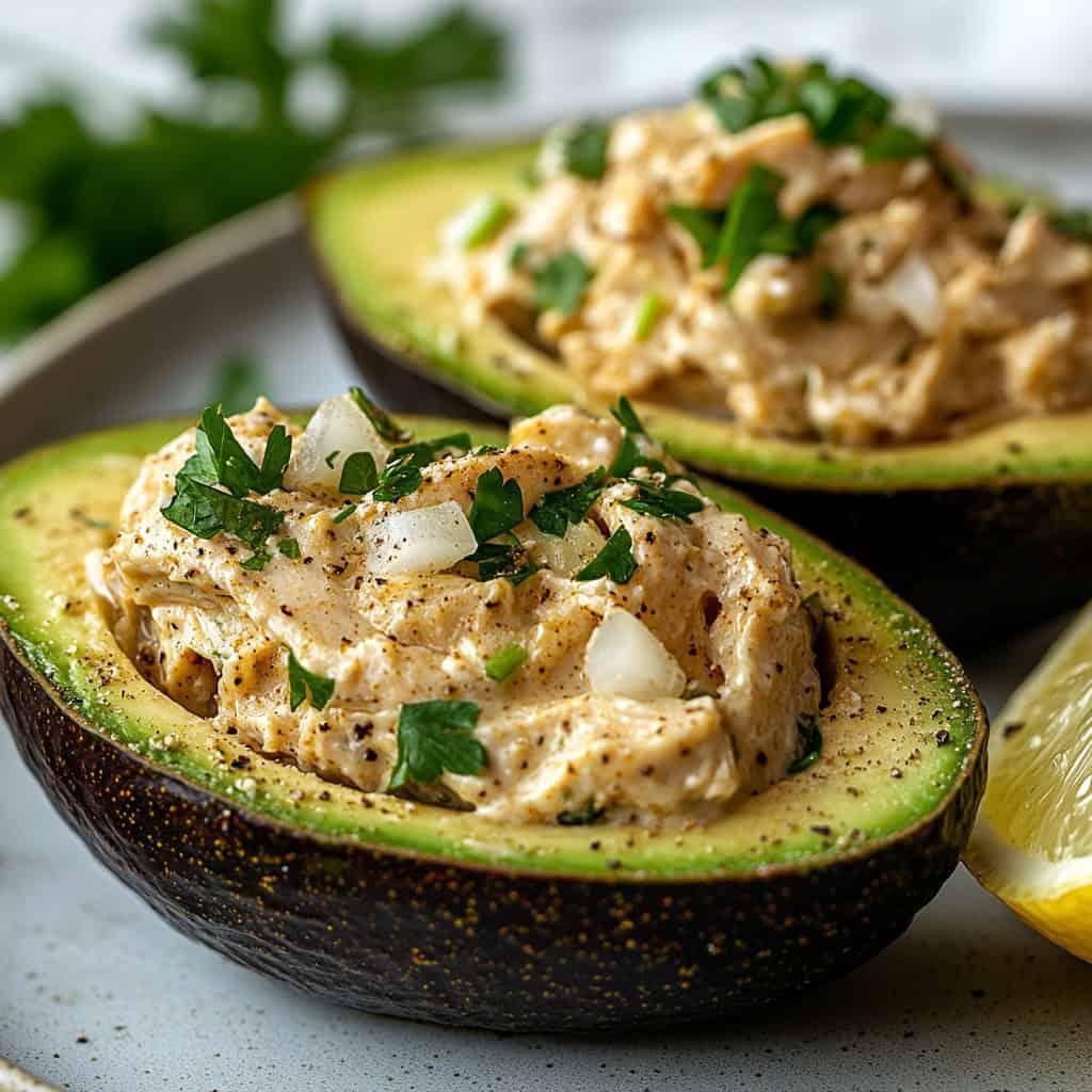 A close-up of a keto-friendly chicken-stuffed avocado. The avocado halves are filled with a creamy mixture of shredded chicken, mayonnaise, onions, and spices.